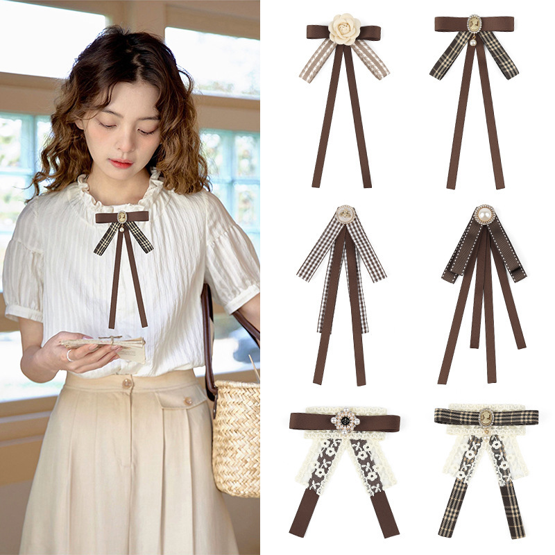 Bow tie shirt Women's bow decoration Brown brown ribbon collar flower simple retro shirt coat accessories pin