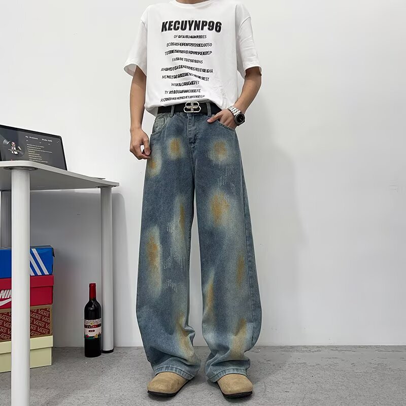 American High Street Vibe Washed Jeans Men's Retro Worn Dirty Dyed Wide-Leg Pants Loose Straight-Leg Slightly Flared Pants