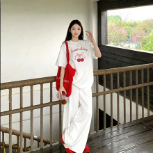 红色樱桃印花纯棉正肩白色短袖t恤女夏新款宽松上衣设计感小众女