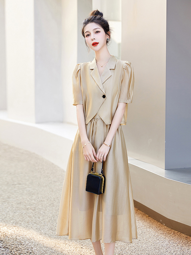 Bộ đồ Tencel nữ hai mảnh gồm áo và chân váy midi thắt eo — Màu đen, Màu xám, Màu kaki