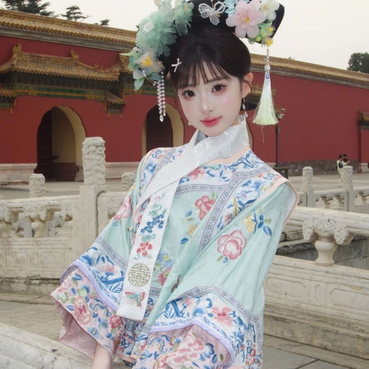 原创印花古装清代旗装格格延吉旗袍公主汉服清朝两件套旅拍服装