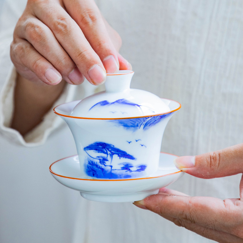 Cubierta pintada a mano Tazón juego de té de Kung Fu Tazón de cerámica porcelana blanca hogar solo tres-Cai Chong dulce burbuja de porcelana blanca lejos Cuenco de cubierta Yuanshan