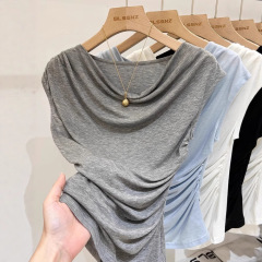 モーダルスイングカラーフロントショルダー半袖Tシャツ女性用2025新作夏プリーツ不規則ウエストスタイルトップ女性用