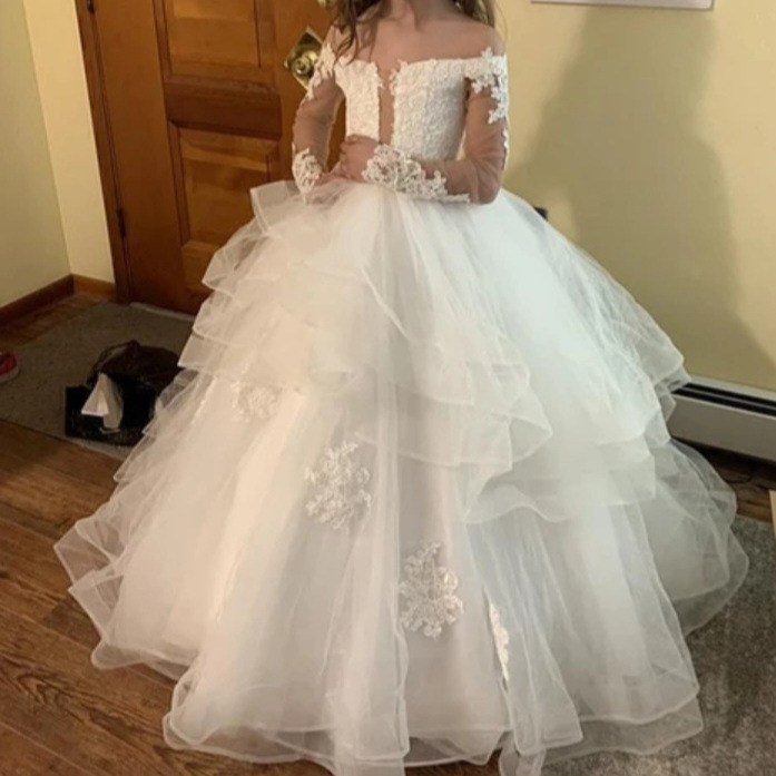 Nuevo vestido de novia para niños europeos y americanos de manga larga para niñas de cumpleaños de rendimiento de encaje vestido de pastel de princesa hinchada