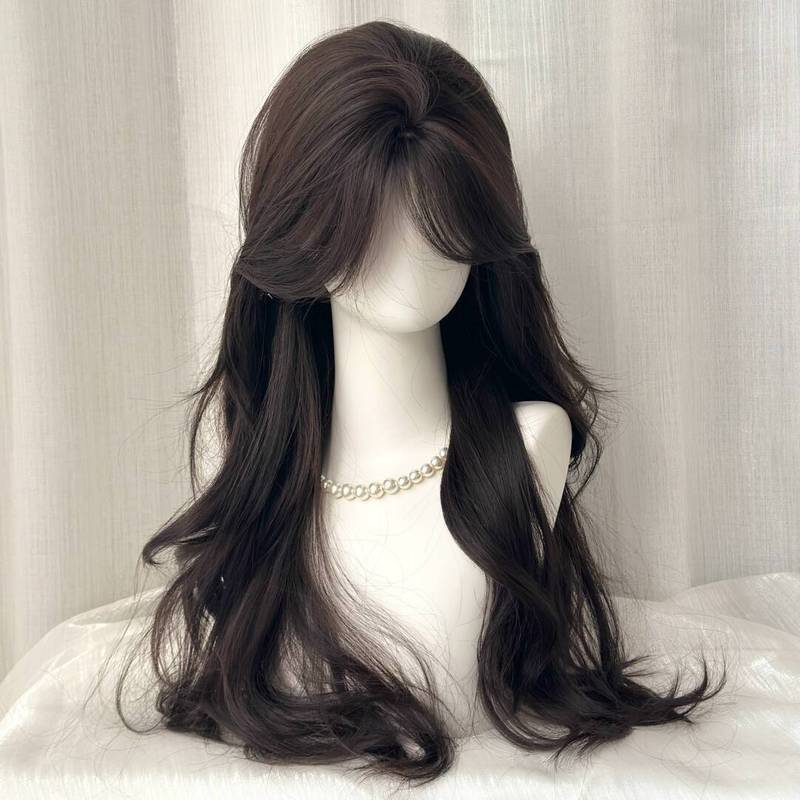 【ヘアネットは不要】女性用ウィッグ、中分け、バング、ロング巻き毛、顔の形、自然な頭頂部の補充、フルヘッドギア|undefined