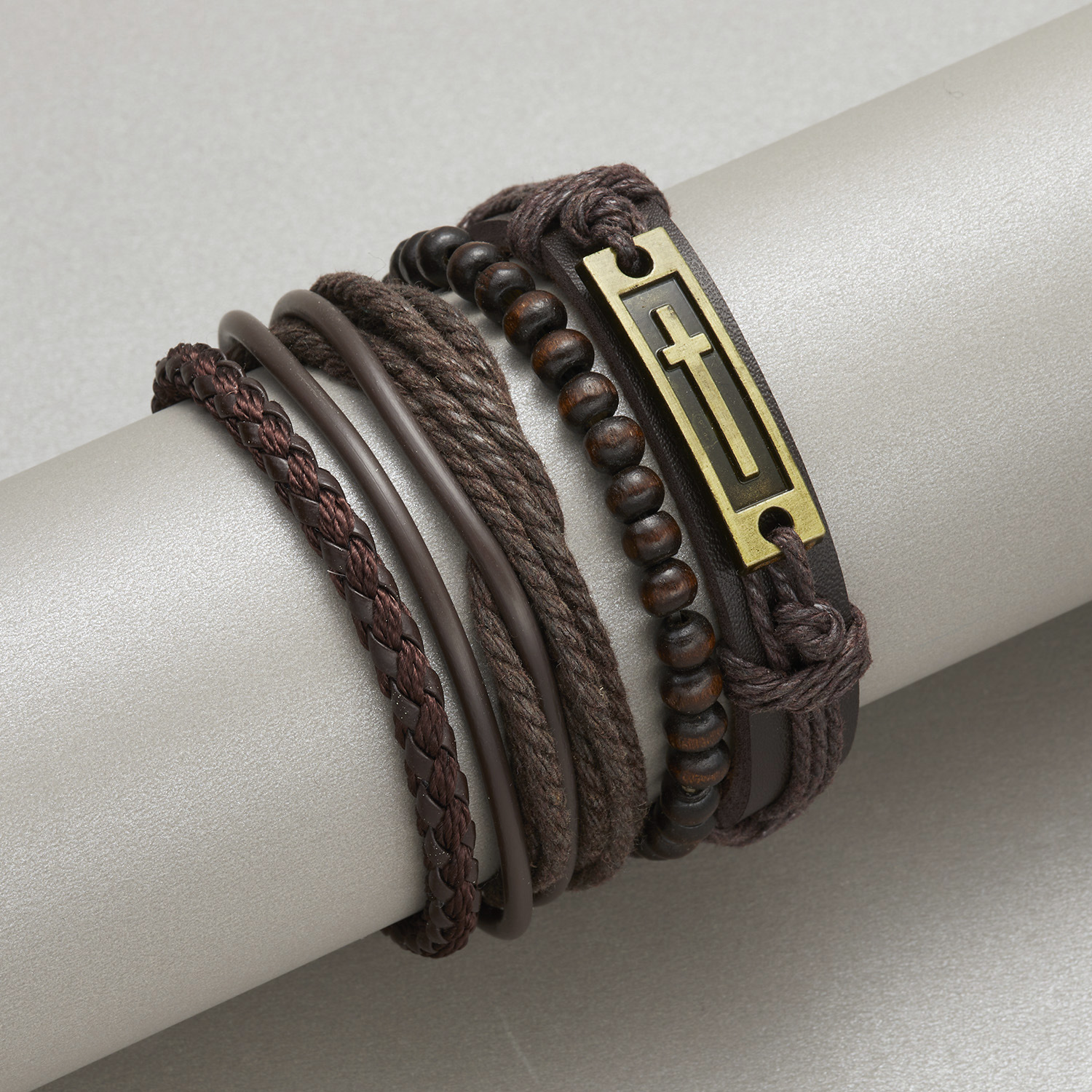 Fashion Cross Heart Shape Pu Leather Knitting Menu0027S Bracelets 1 Set