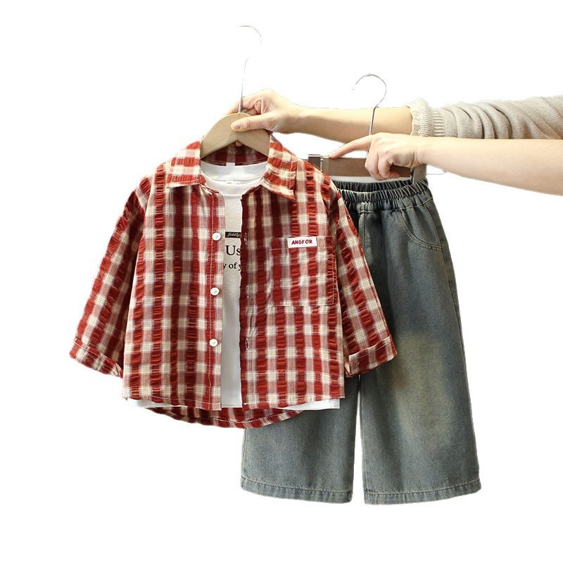 7679 traje de primavera para niños 2025 nuevo estilo estilo occidental moda primavera y otoño ropa camisa coreana de tres piezas