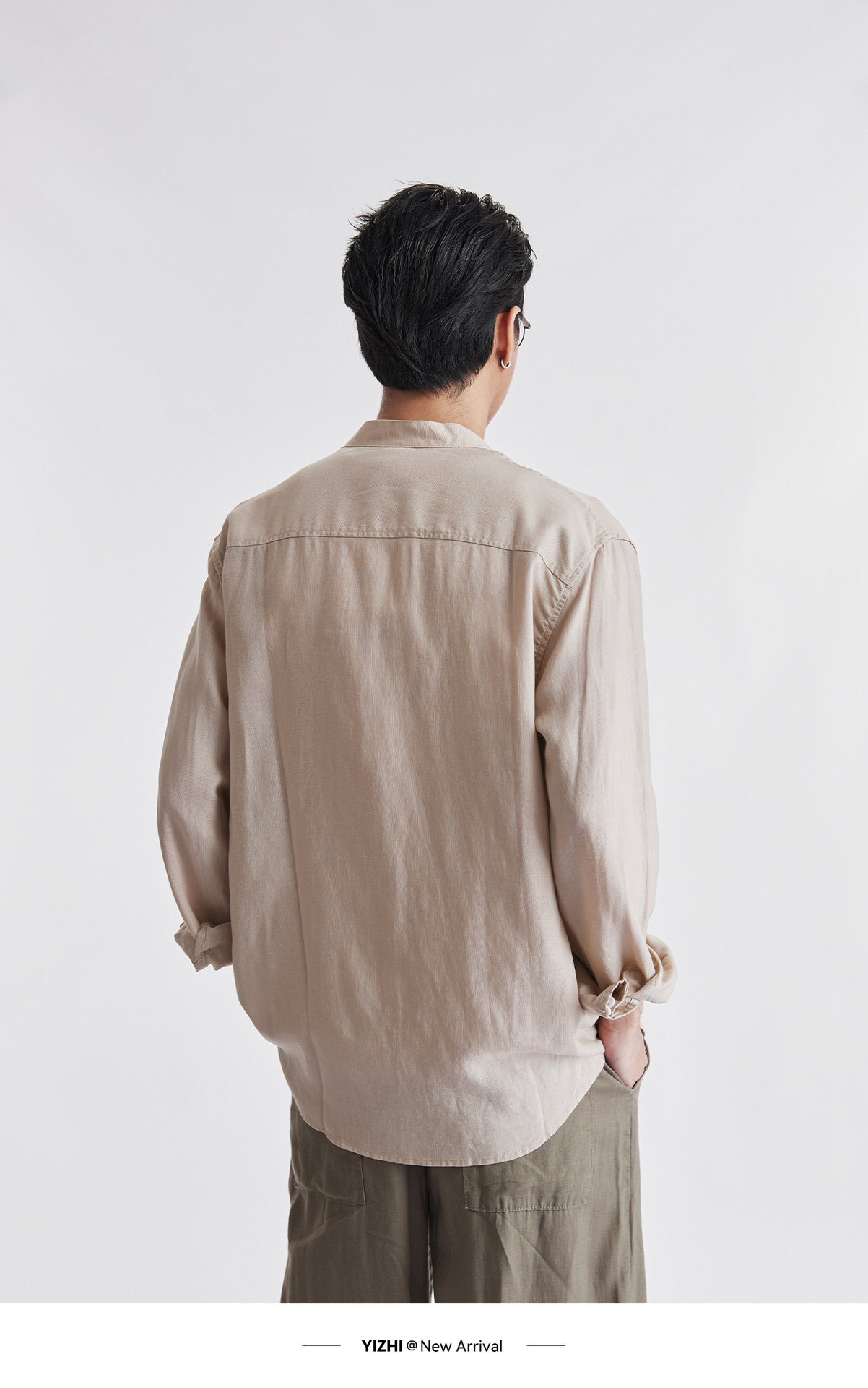Áo sơ mi nam linen cổ đứng tay dài mùa hè, chất liệu lanh thoáng khí, phong cách Trung Hoa, túi đơn — Xanh navy chi tiết 25