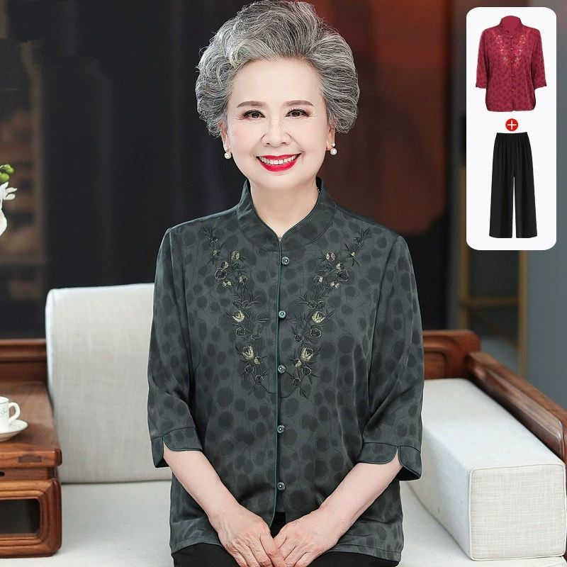 Среднего и пожилого возраста бабушка летняя рубашка Старушка весенняя женская одежда пожилая мама рубашка топ набор