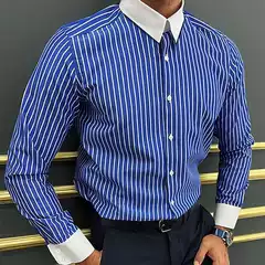 Men's Stylish Striped Print Shirt, Business Casual Long-Sleeve Top, Loose Fit for Spring & Autumn
