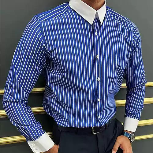 Men's Stylish Striped Print Shirt, Business Casual Long-Sleeve Top, Loose Fit for Spring & Autumn