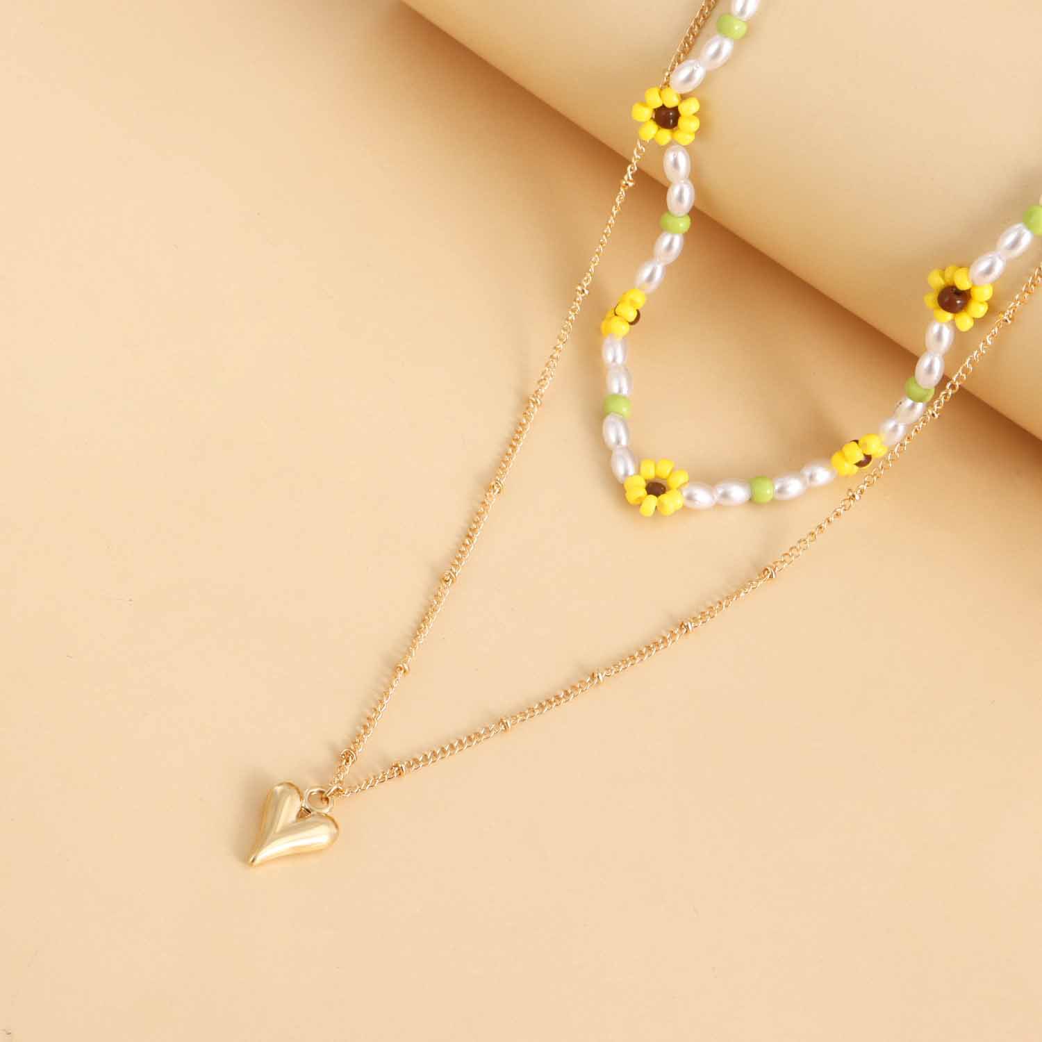 Fashion Heart Shape Flower Alloy Beaded Plating Layered Necklaces display picture 5