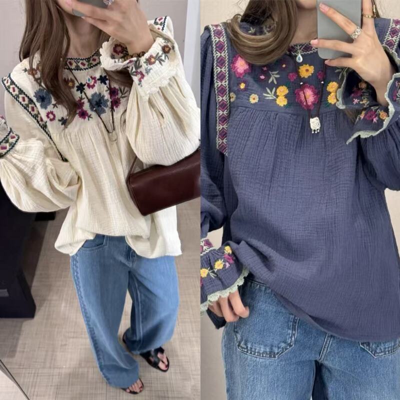 French-style, niche design, 2025 autumn/winter new collection: retro, colorful floral embroidered round-neck blouse with flared sleeves, loose-fitting top