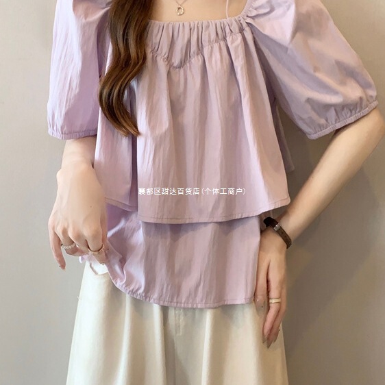 Purple Square Collar Right Shoulder Puff Sleeve Short-Sleeved Shirt for Women Summer Plus Size Fat Baby Shirt One Shoulder Top
