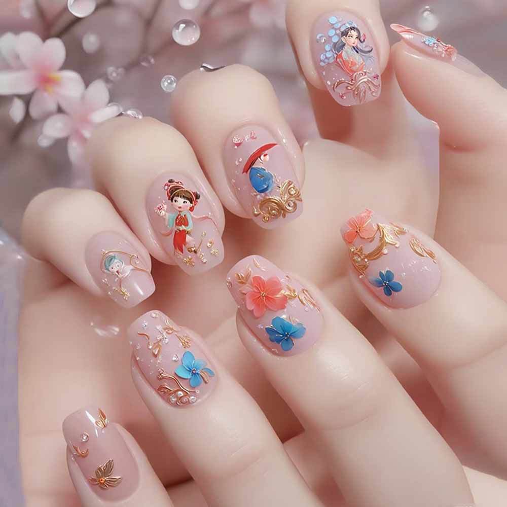 Comercio exterior 3D tridimensional escalera corta de oro lipa manicura falsa flores fluyendo manicure 30 piezas de estilo de moda usar uñas