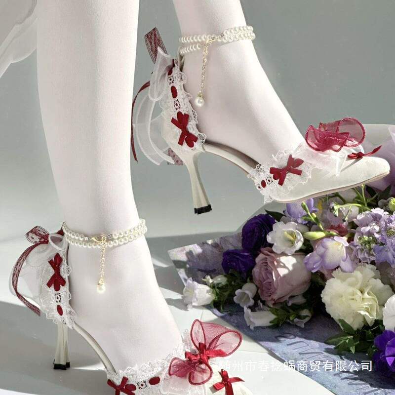 Meow Meow-Chan Coslolita Wedding Wine Red Bow Original Coming-Of-Age Ceremony 18-Year-Old Lolita French High-Heeled Shoes