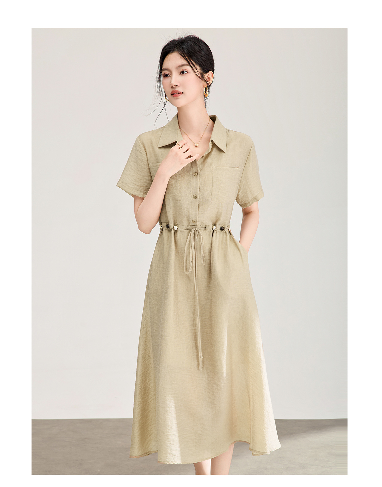 Đầm sơ mi nữ dáng suông chất liệu linen phối cườm nhẹ — màu xanh navy chi tiết 16