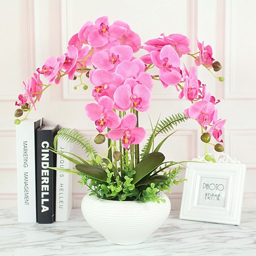 Orquídea artificial Phalaenopsis en maceta de cerámica grande, decoración de interior, flores de seda realistas