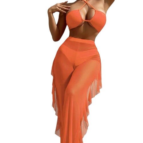 Bikini three-piece gauze pants solid color Amazon bikini AliExpress European and American split swimsuit sexy high waist