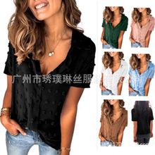 2025亚马逊欧美外贸夏季新款女式雪纺纯色翻领衬衫休闲短袖上衣