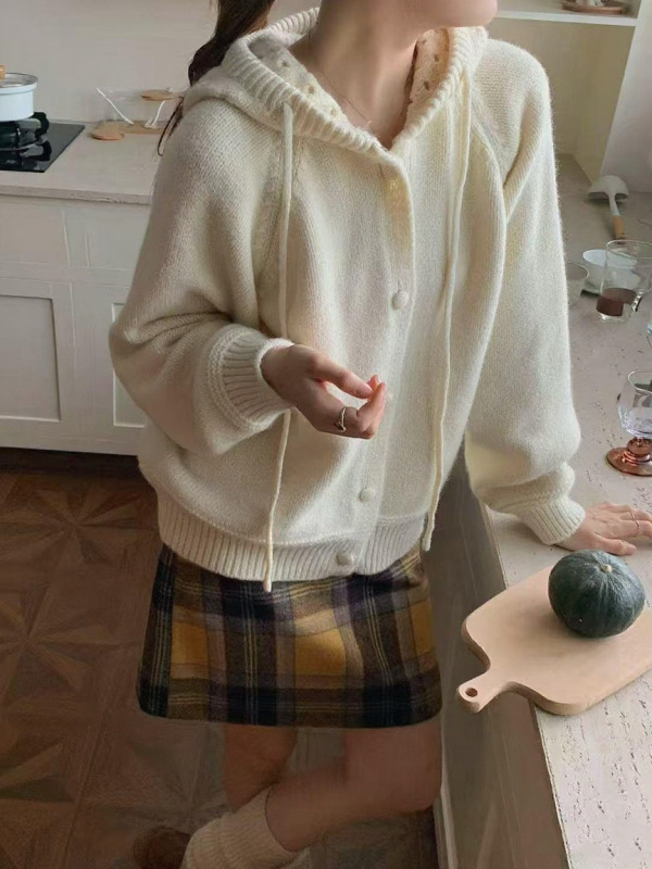 韩纯色设计感连帽抽绳针织开衫女早春季新款宽松慵懒风毛衣外套|undefined