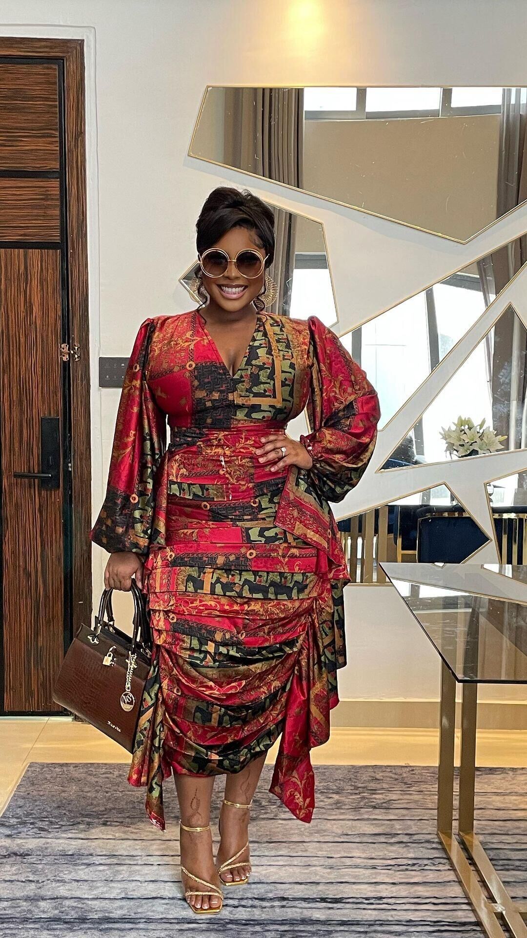 Women's Clothing Sexy Printed Ruffled Lantern Sleeve Hip Hugging Slim Fit Long Sleeve Dress_voghion.com