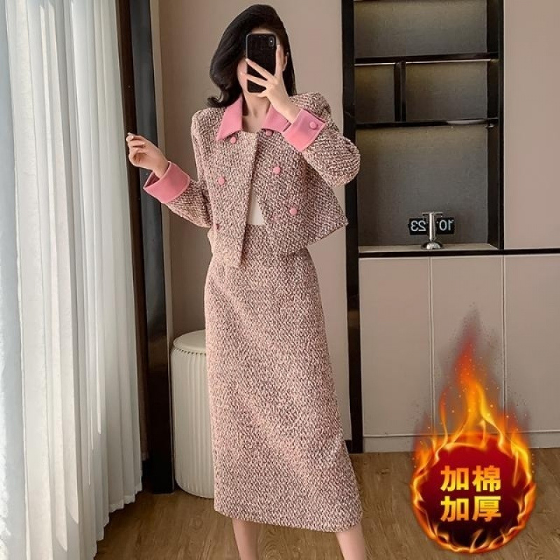 爆款小香风减龄甜美气质粉色恋人翻领长袖包臀裙套装秋冬新款套装