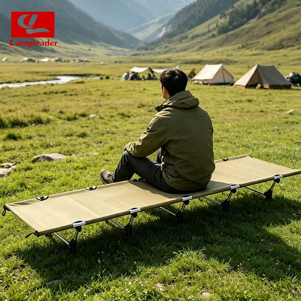 Low-profile khaki camping bed, easy to store, suitable for naps, foldable military cot, companion bed, camping bed
