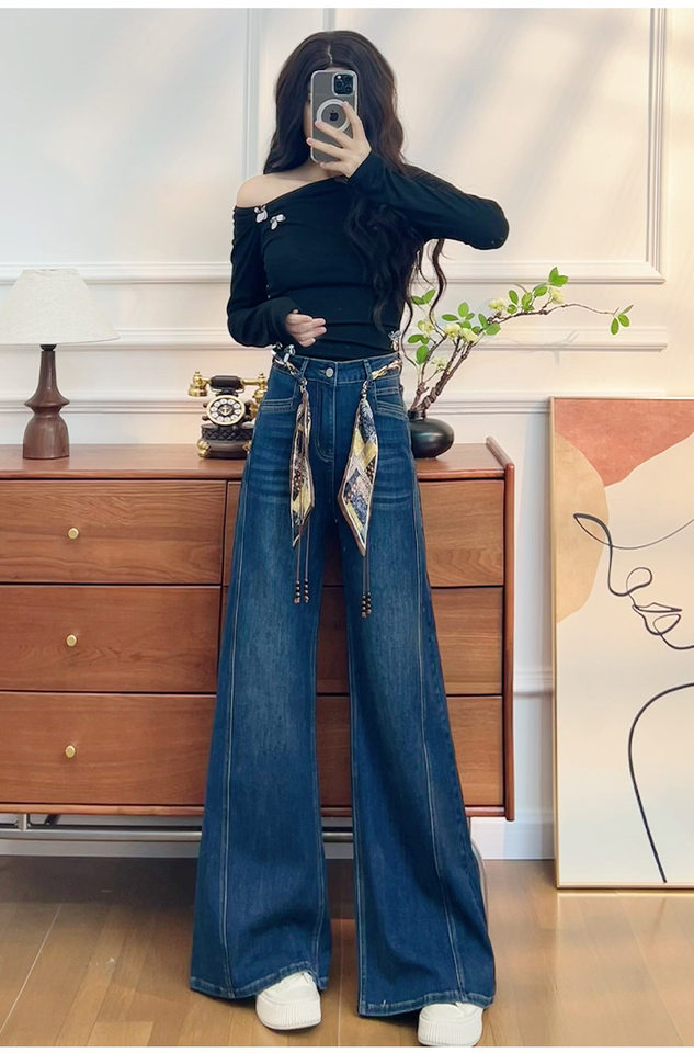 Quần jean nữ ống loe cạp cao co giãn, denim lót lông cừu mùa đông — Màu xanh vàng đen kéo dài, Quần xanh đen vàng, Retro màu xanh chín điểm, Vàng đen xanh chín điểm chi tiết 20