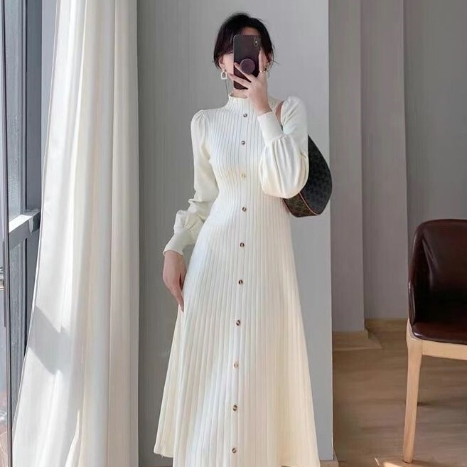 2025 New Autumn and Winter Korean Style Sweater Skirt Half Turtleneck Inner Mid-Length Knitted Long-Sleeved Dress for Women