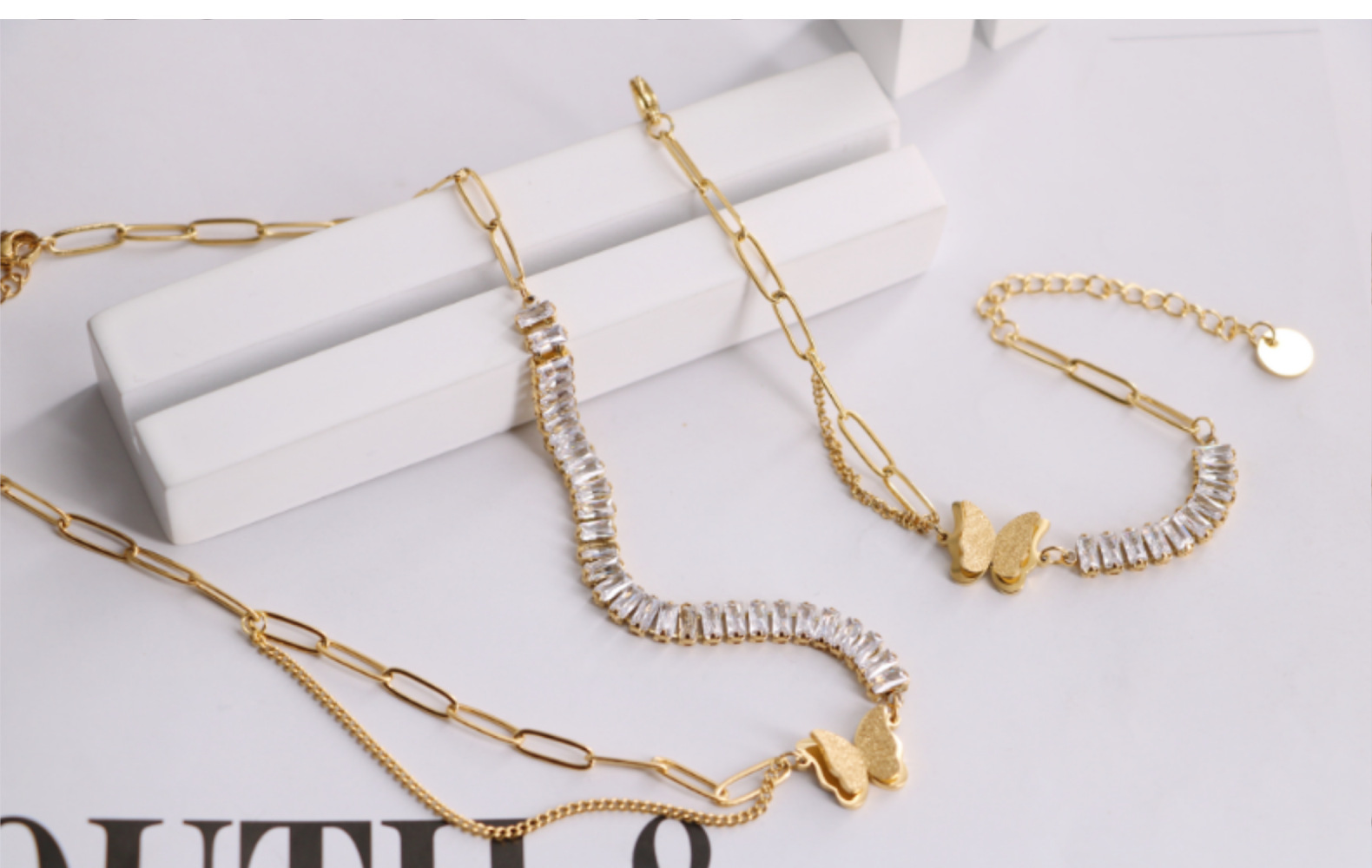 Fashion Butterfly Titanium Steel Plating Inlay Zircon Bracelets Necklace 1 Piece