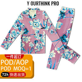 POD跨境外贸女士衬衫睡衣套装定制 长袖长裤来图3D满印花一件起批