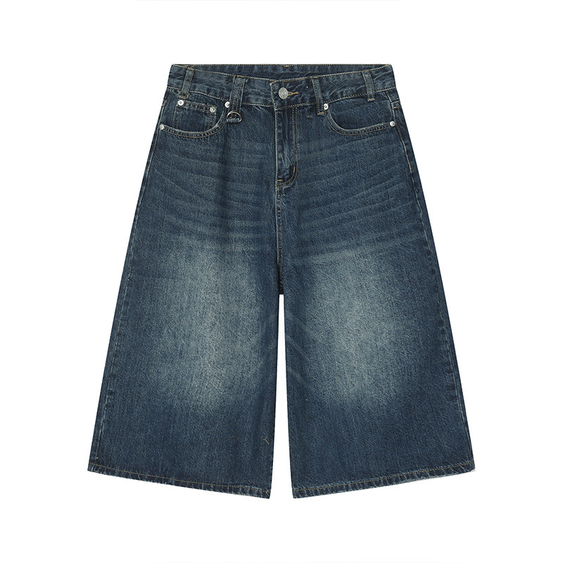 Cross-Border Wholesale American Retro High Street Washed Vintage Cropped Pants Loose Casual Denim Shorts Wide-Leg Pants for Men and Women
