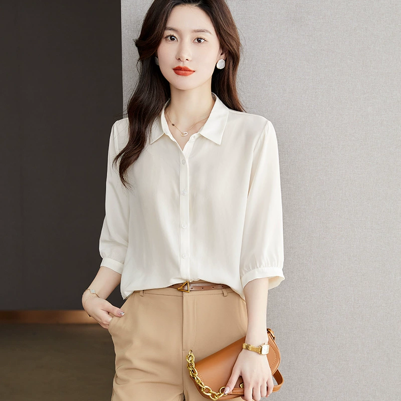2024 летний новый профессиональный костюм шелковая шелковая рубашка темпераментный дизайн чувство нишевые богини Fan шелковый топ женский тонкий