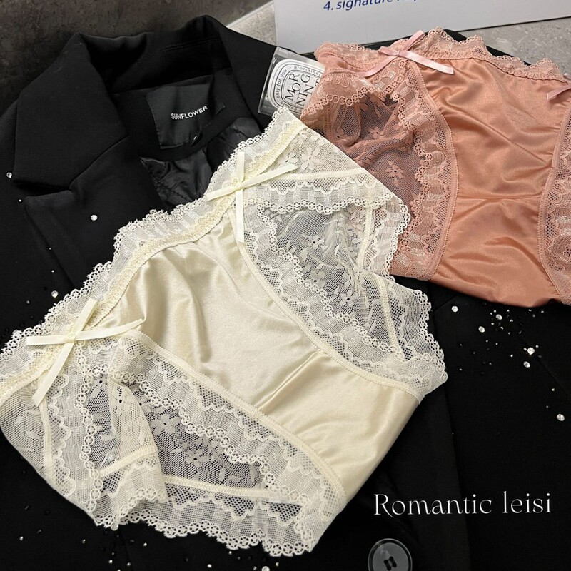 Satin Lace Panties for Women, Low-Waist Pure Cotton Crotch, Bowknot Briefs, Seamless Shorts for Girls