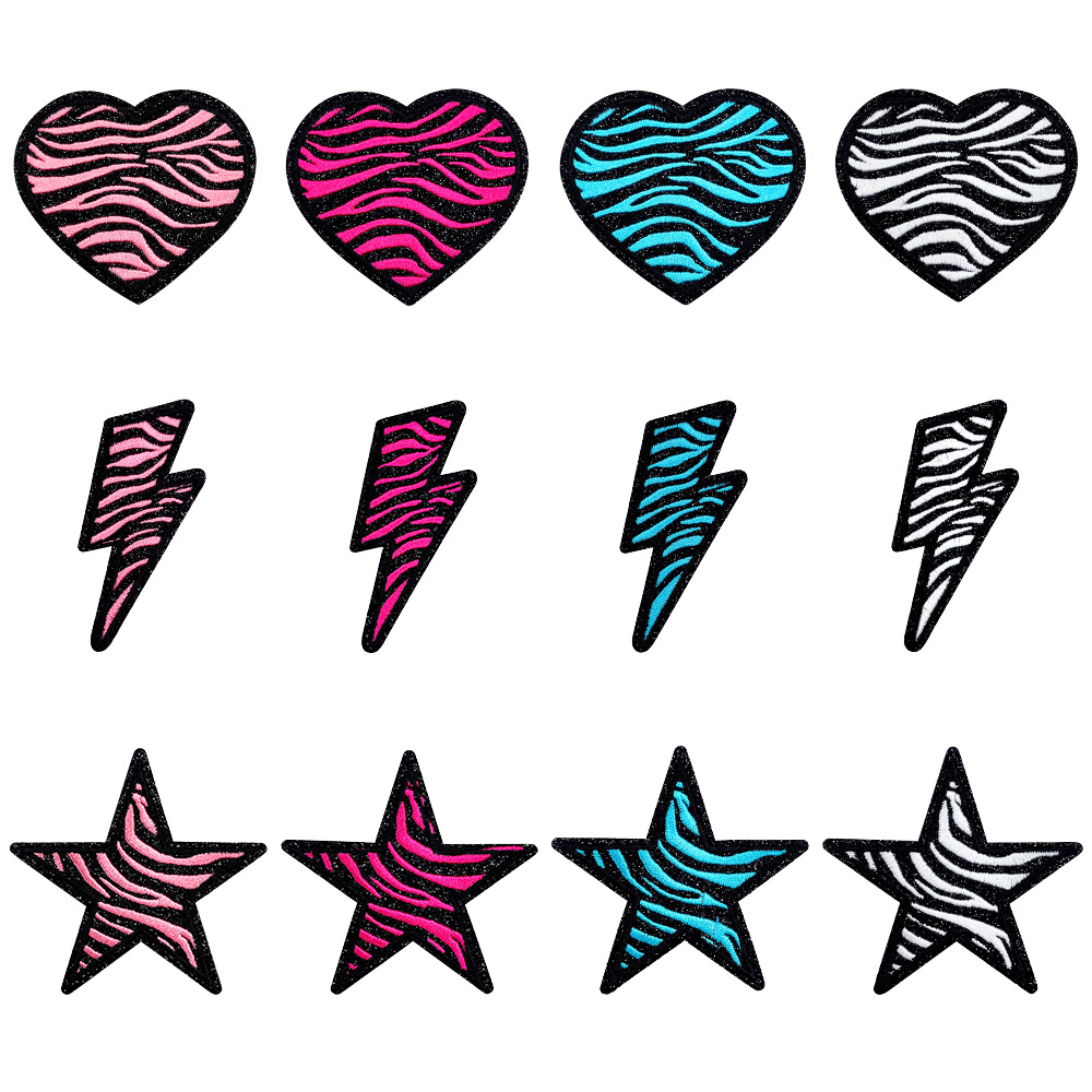 斑马纹系列爱心 闪电 五角星黑边格力特平绣 diy刺绣熨烫小布贴