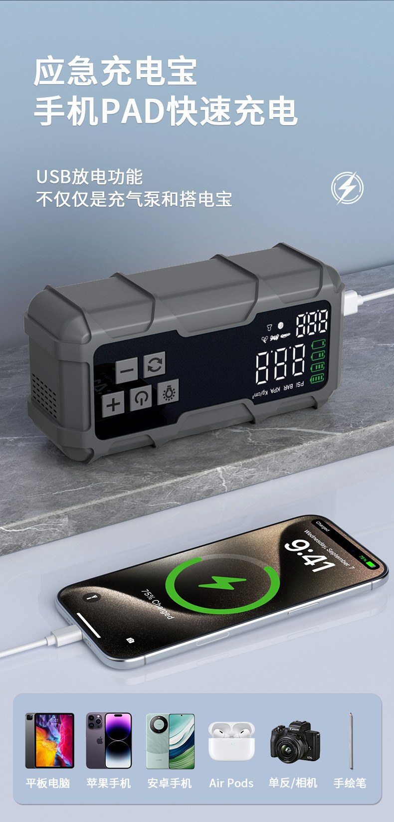 Car air pump and jump starter all-in-one device, emergency power supply, electric air pump, car jump starter device, air pump