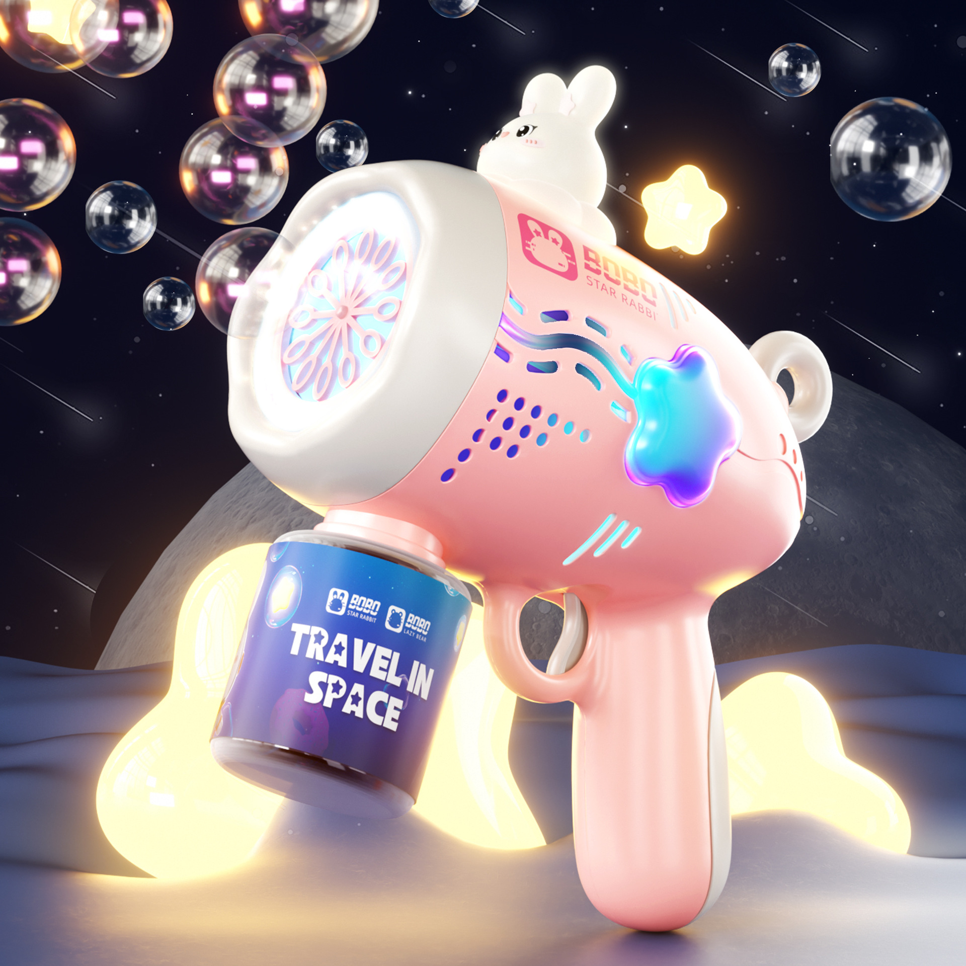 Niños de mano de 10 hoyos de la pistola de burbujas agujero efecto de luz respiración Meteor Light Bubble Machine juguete automático puesto al por mayor