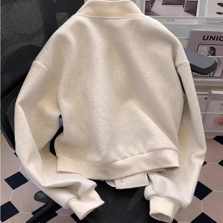 少女感满满！风棒球服毛呢外套女春秋宽松飞行员夹克开衫上衣|undefined