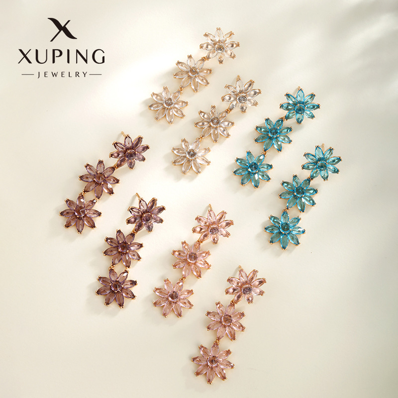 Xuping joyas gemas artificiales coloridas pendientes de flores largas para mujeres pequeños pendientes de moda frescos y lujosos de alta calidad