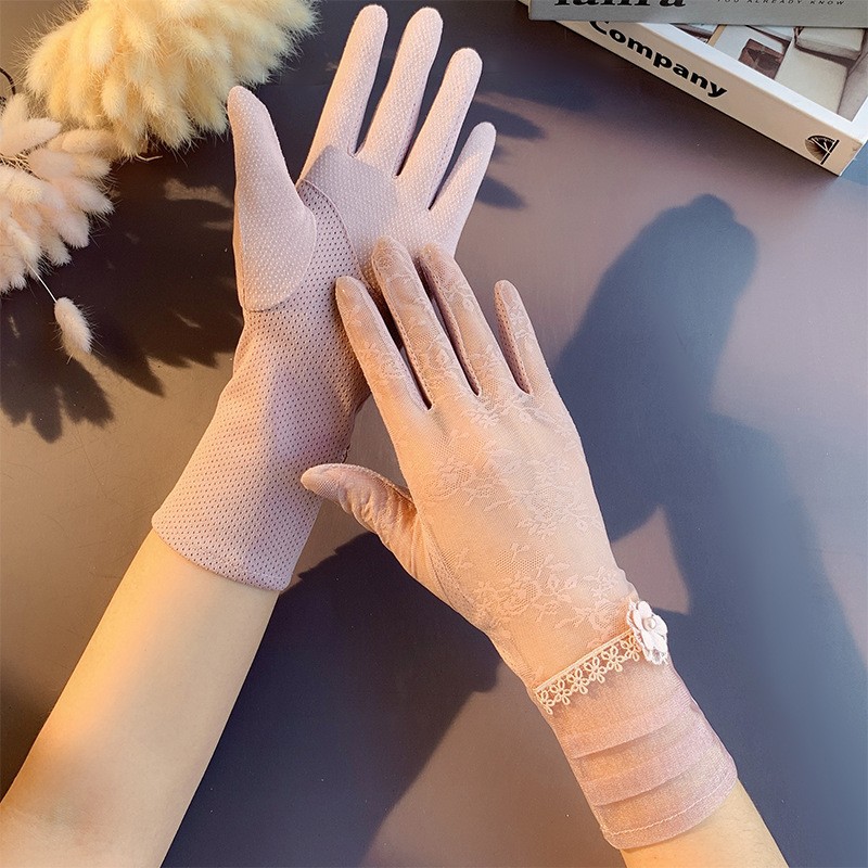 Guantes de protección solar primavera y verano encaje arco guantes de pantalla táctil de conducción de las mujeres transpirable al aire libre protección solar guantes de equitación