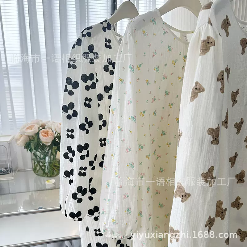 秋季新款纯棉100%睡裙 圆领文艺风薄款睡衣夏天女长袖连体睡裙