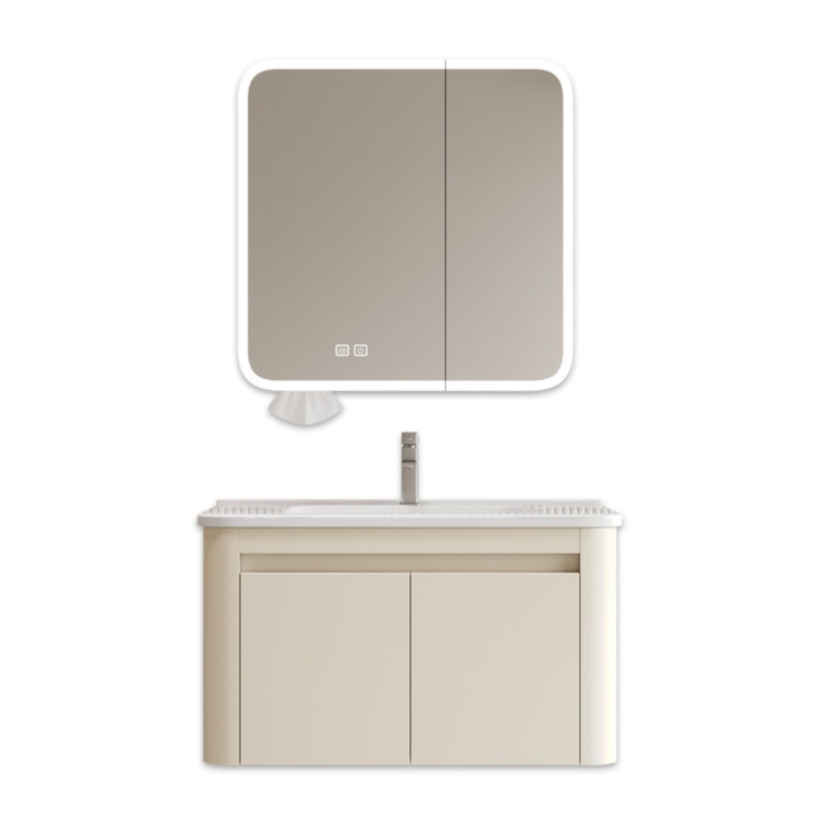 Baño de aire de crema espacio de aluminio panal de baño gabinete conjunto de esquina redondeada cerámica lavabo gabinete de espejo de belleza inteligente