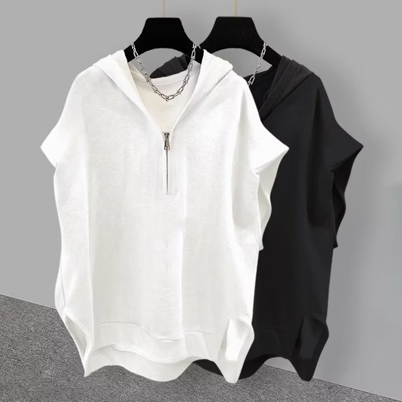 Solid Color Zip-Up Hooded Sleeveless T-Shirt for Men, Summer Korean Style Trendy Versatile Stylish Casual Loose Vest Solid Color Zip-Up Hooded Sleeveless T-Shirt for Men, Summer Korean Style Trendy Versatile Stylish Casual Loose Vest
