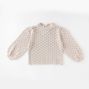 2022 Children's Wear Autumn and Winter Children's Pullover Sweater Girl's Lace Hollow Knitted Shirt Bubble Sleeve Top Internet Popular Same Style