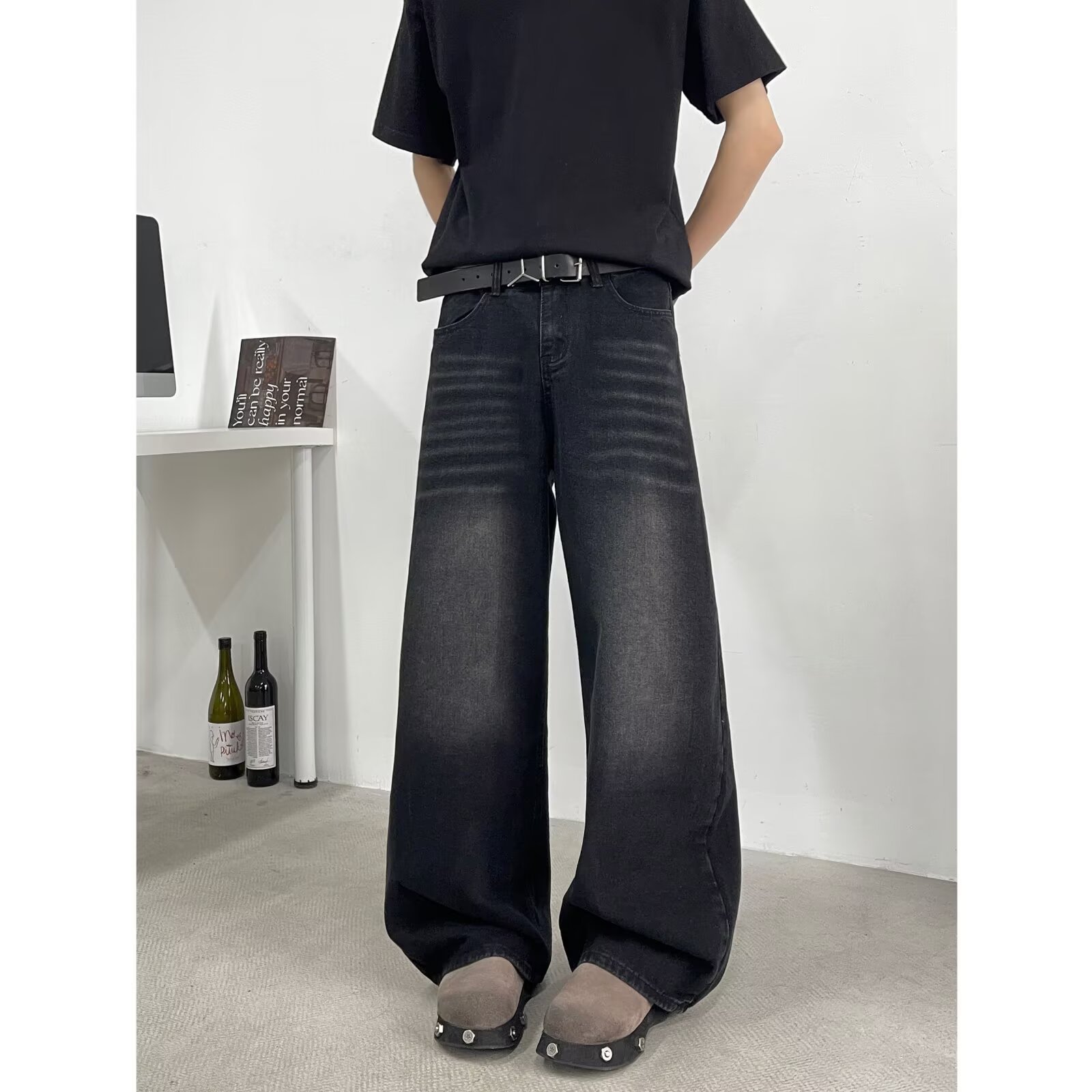 Men's American Vintage Black Saber-Cut Jeans – High Street Drop-Crotch Wide Leg Pants (S-3XL, Heavyweight Washed Denim)_mkmklike.com
