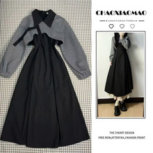 法式赫本风复古收腰背心连衣裙女学生秋冬+外搭灰色针织衫两件套