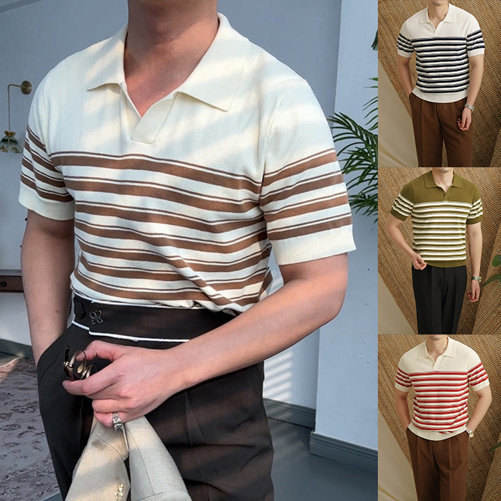 Polo camiseta de punto camiseta de manga corta hombre V-collar gaviota rayas viejas camiseta de hielo de viento de verano fábrica transfronteriza al por mayor