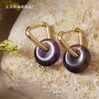 优质欧美天然石水晶平安扣耳环耳圈时尚通勤耳坠几何不锈钢首饰品