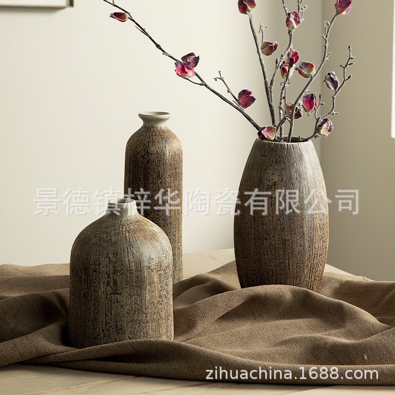 Jingdezhen Japanese Zen Home Decorations Retro Literary Engraved Handmade Ceramic Hydroponic Vase Hotel Decorations